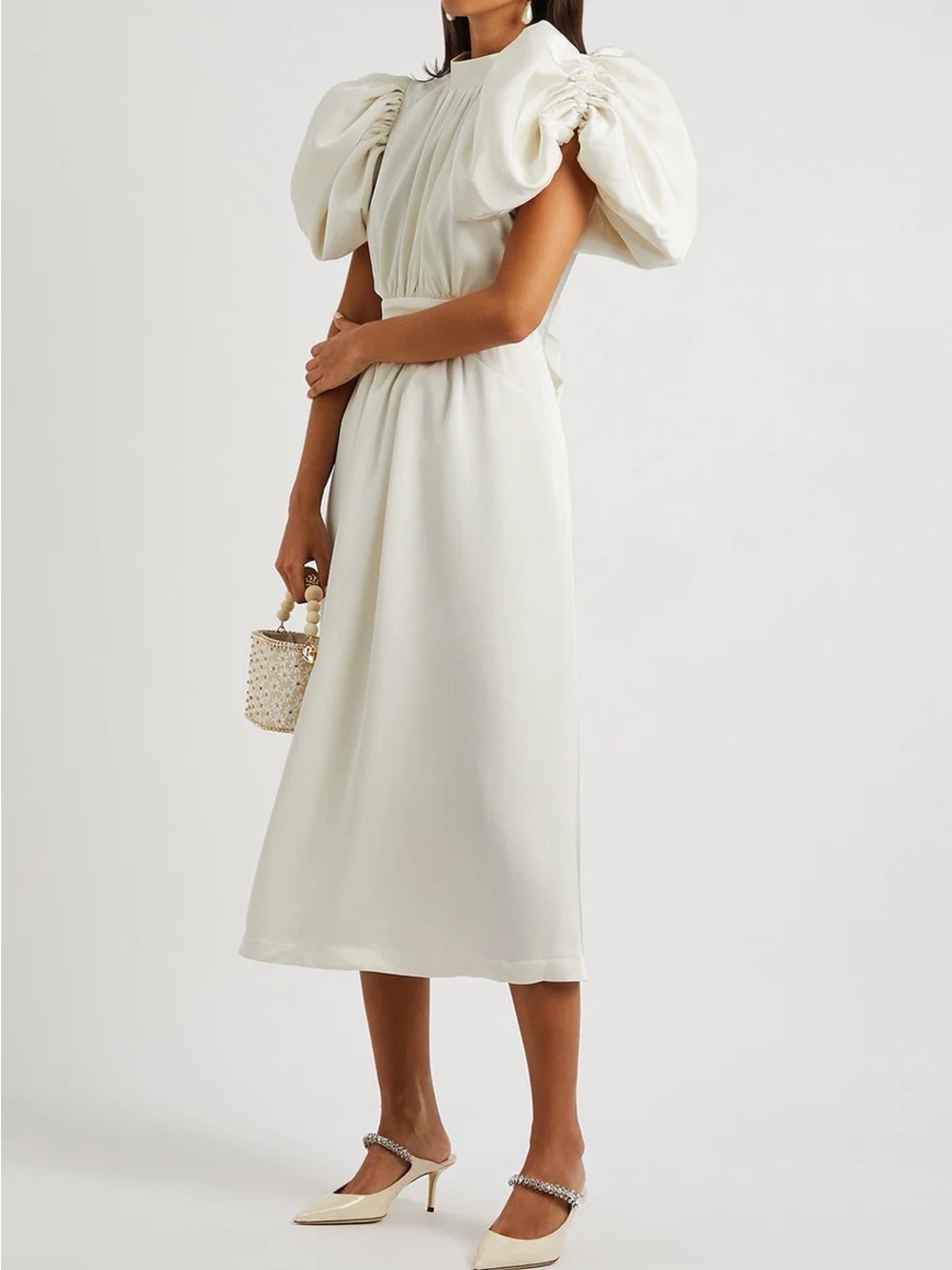 Cream Puff-Sleeve Midi Dress — Brand Not Visible